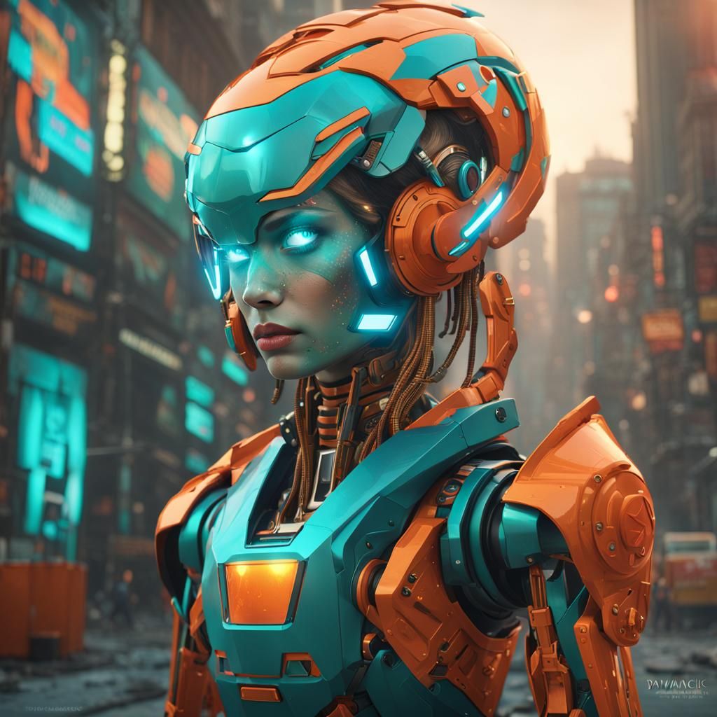 Magical Robot Woman with Face Panel in Art Nouveau Style