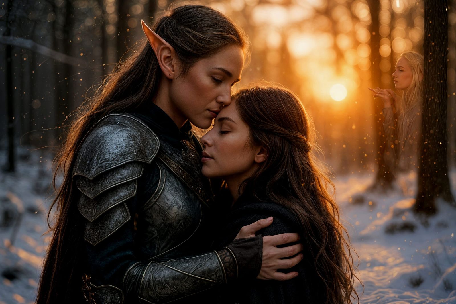 Elven Warrior and Human Lover Embrace at Sunset