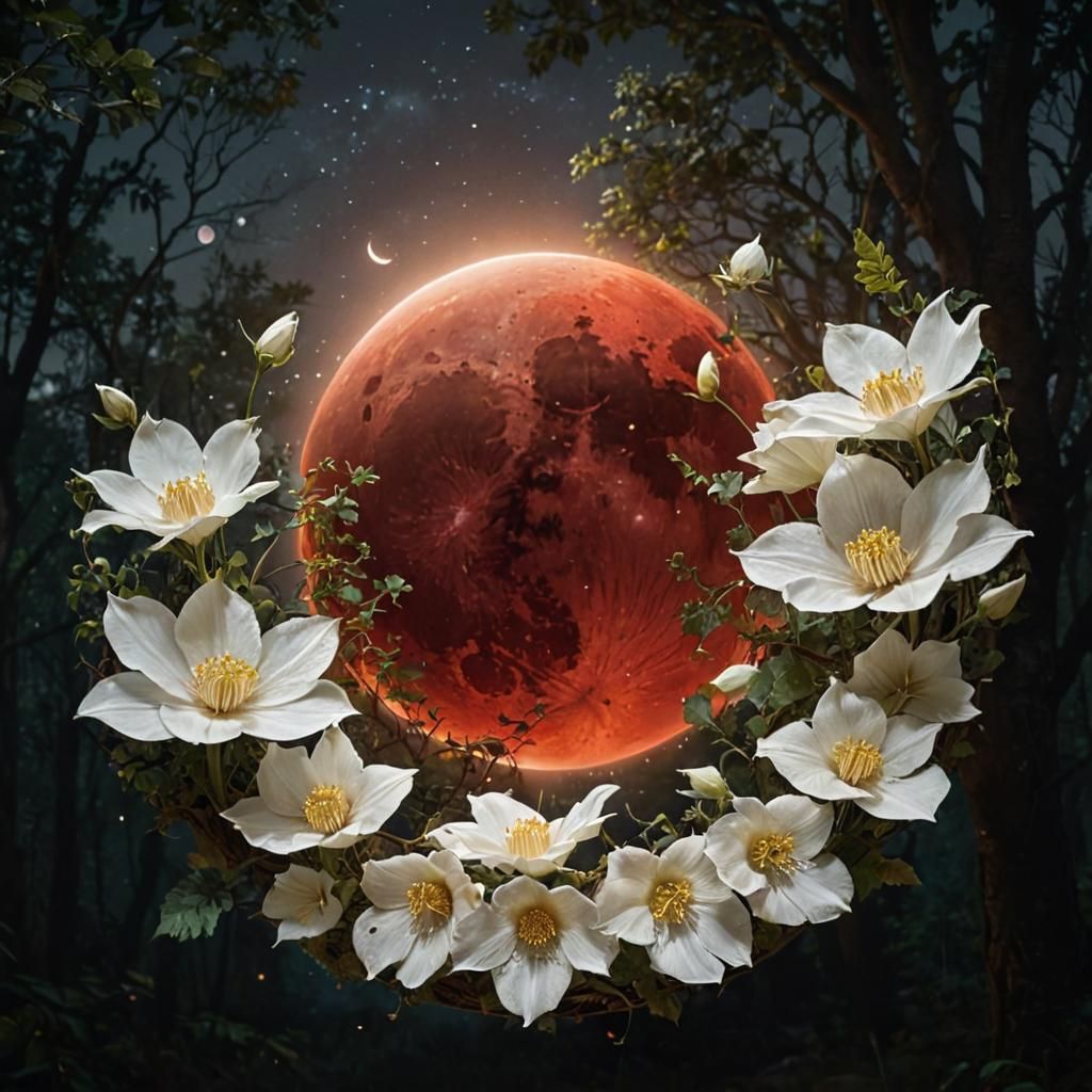 Blood Moon Over Bioluminescent Forest Clearing