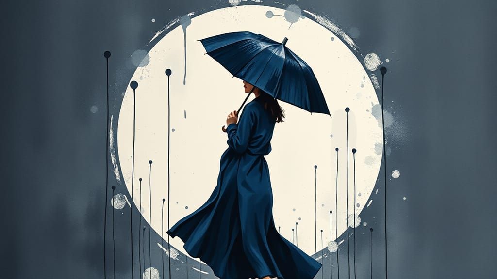 Woman with Ink Splatter Umbrella in Negative Space