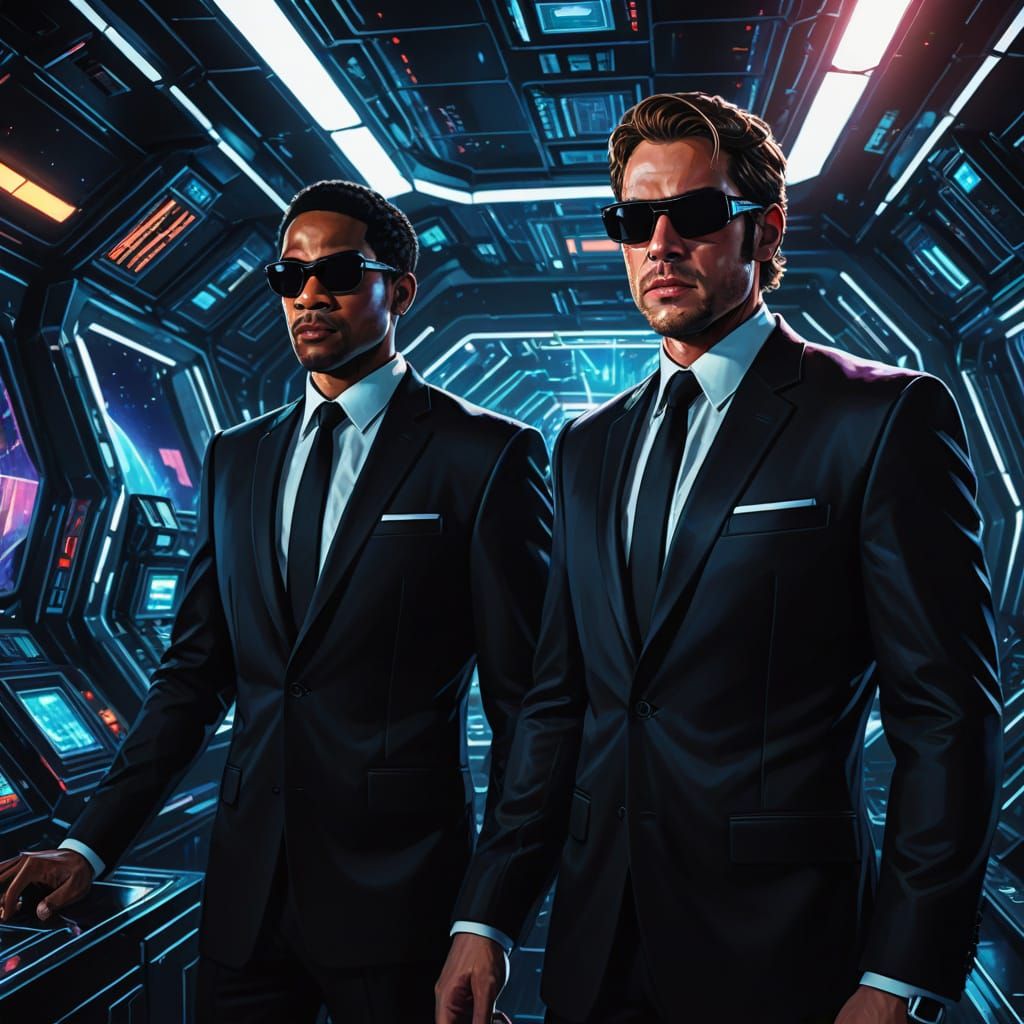 Men in Black Suits on Spaceship in Digital Painting