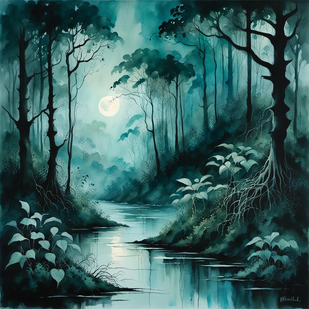 Mystical Moonlit Forest in Art Brut Watercolor