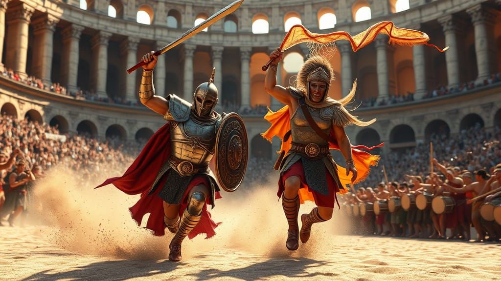 Gladiators Clash in Ancient Colosseum Arena, Epic Battle Unf...
