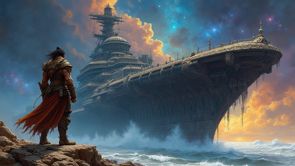 Barbarian Warrior on Gothic Spaceship, Oil Painting