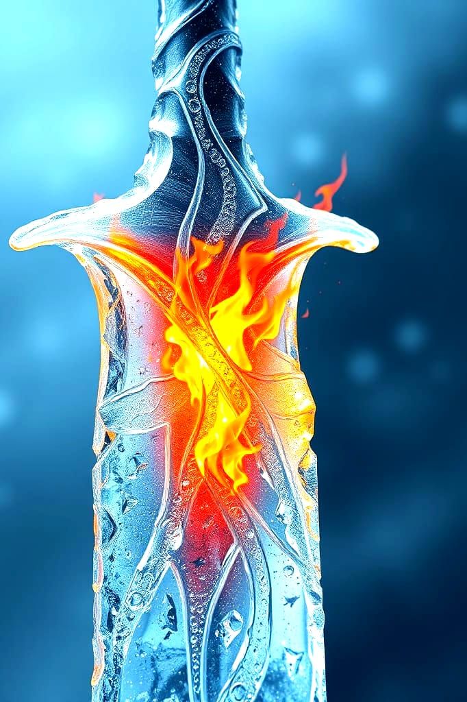 Fiery Ice Sword in Vibrant Digital Art