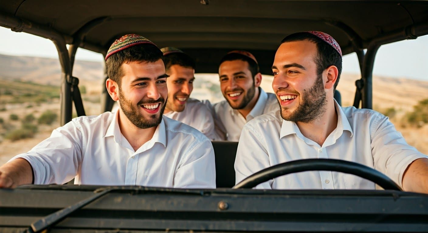 Joyful National Religious Men in a Dusty Jeep, Judea and Sam...