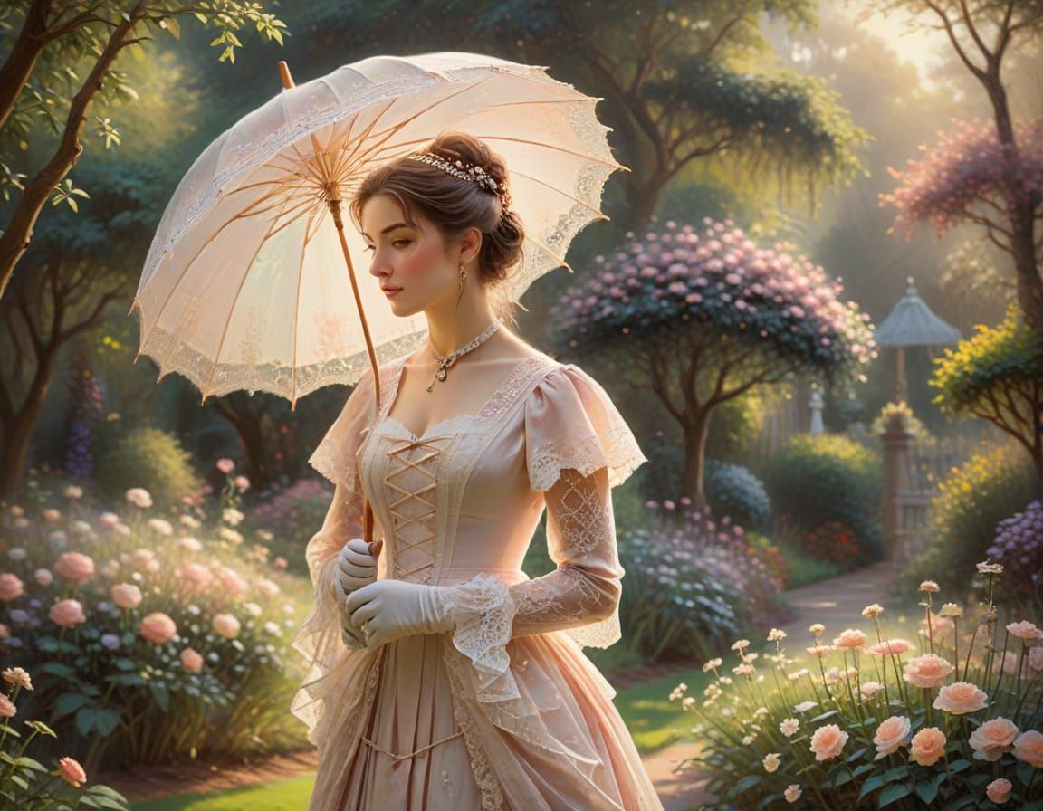 Victorian Woman in Garden Oil Painting