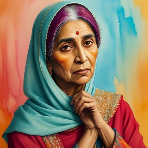 Watercolor Portrait of Pakistani Woman in Vivid Hues