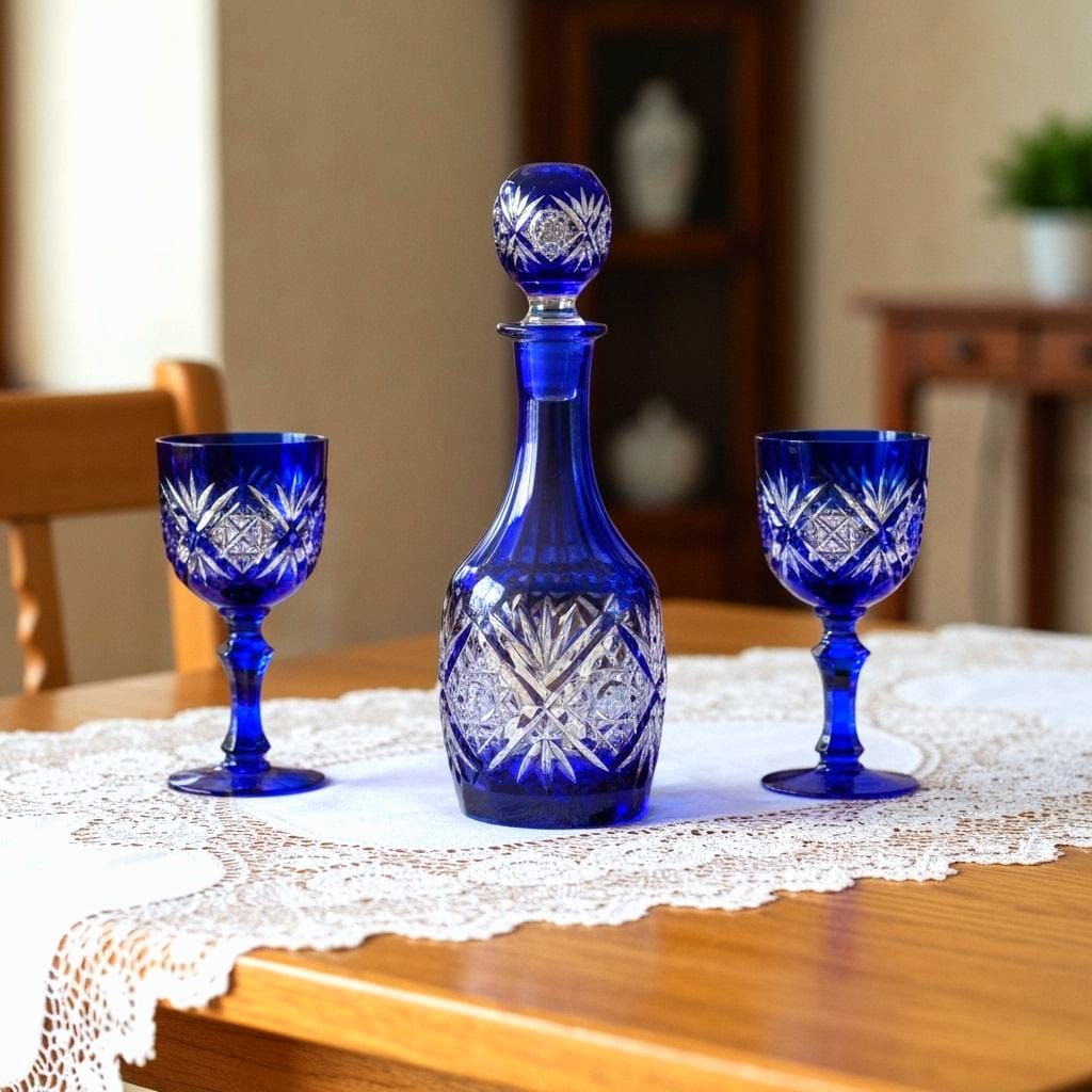 Rococo Crystal Glass Decanter and Goblets on Lace Tablecloth