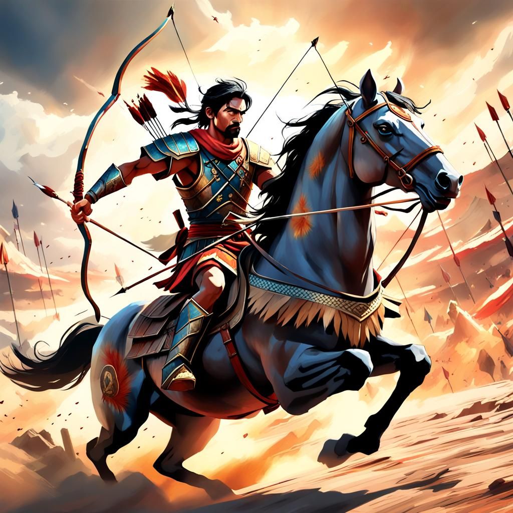 Indian Archer on Horseback in Chaotic Battle, Digital Art