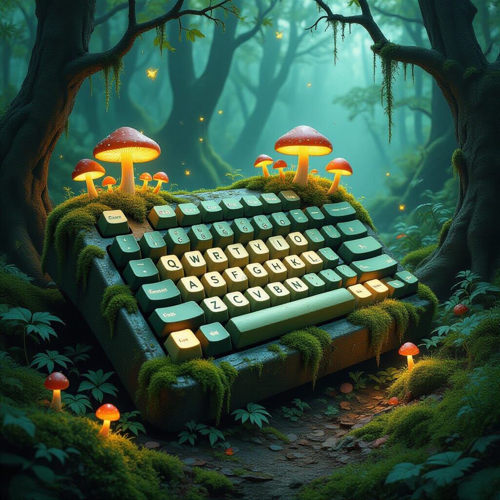 Ancient Keyboard in Enchanted Forest Clearing