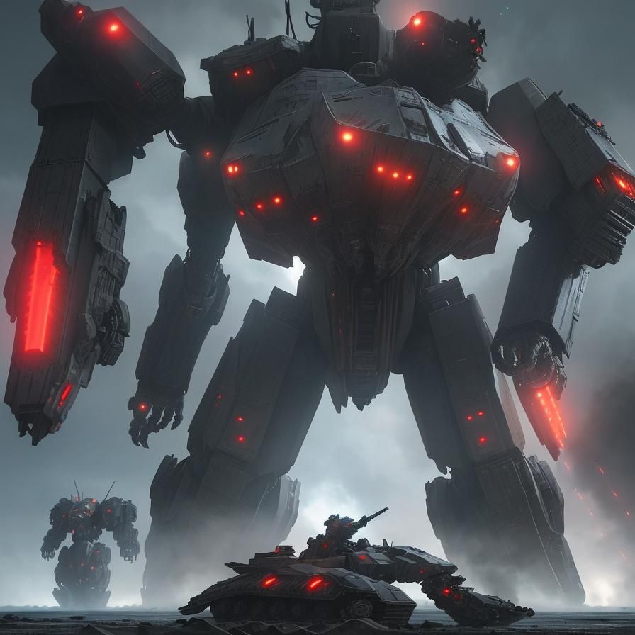 Armored Mechs Descend from Drop Ship on Battlefield