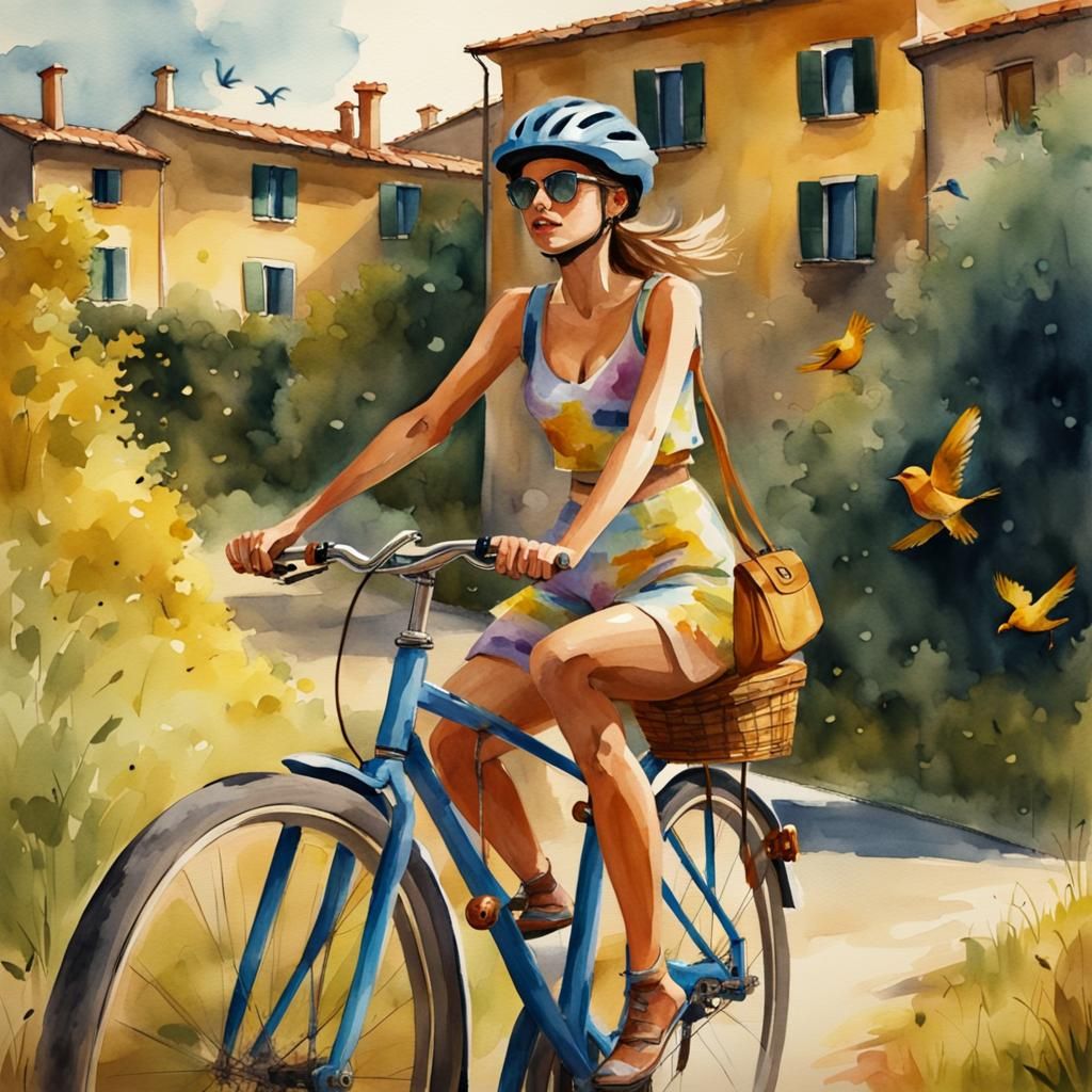 Girl Cycling in Tuscan Hills: Watercolor Style