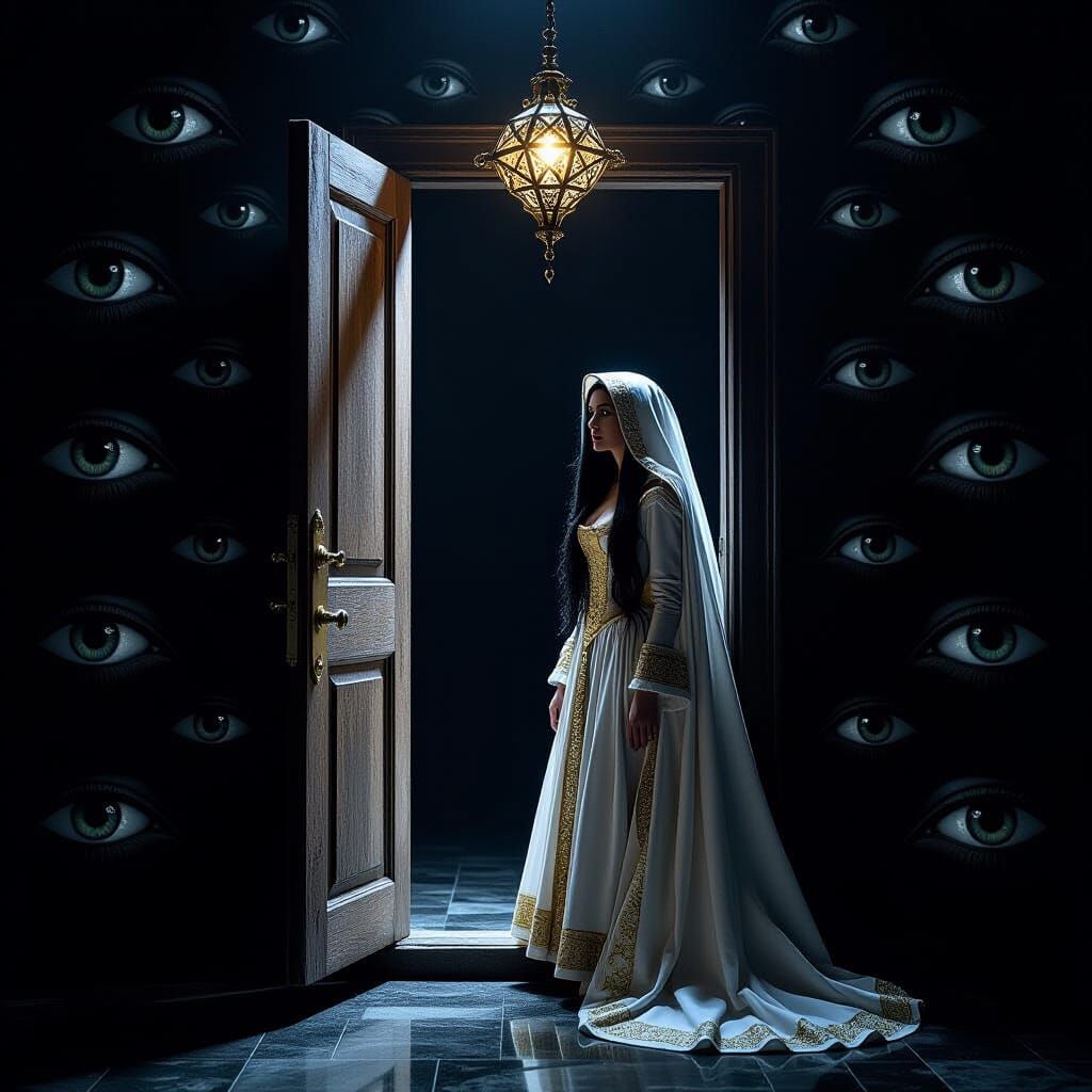 Renaissance Woman Gazing into Void of Eyes