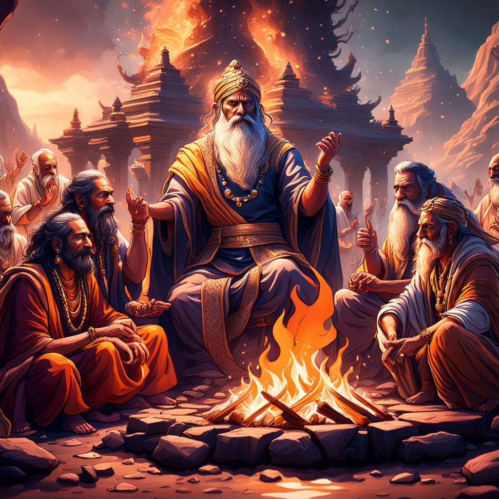 Sages Chanting Vedas Around Fire: Fantasy Concept Art