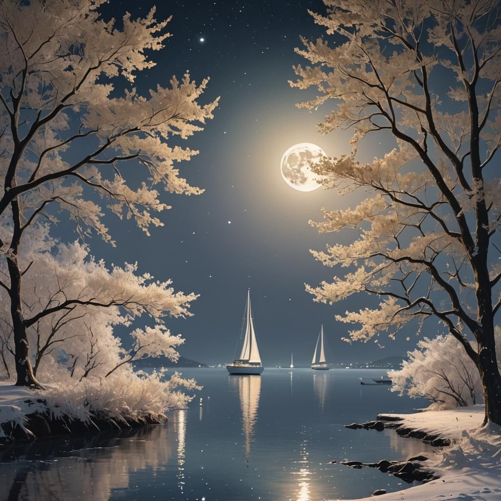 Neon Moon Over Lonely Sailboat at Dawn