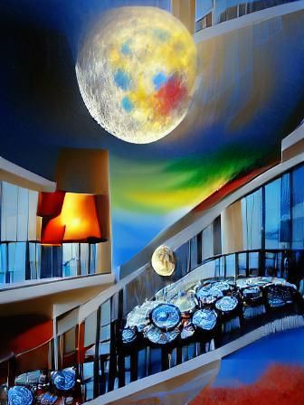 Hyperrealistic Moon Over Hotel in Acrylic Art