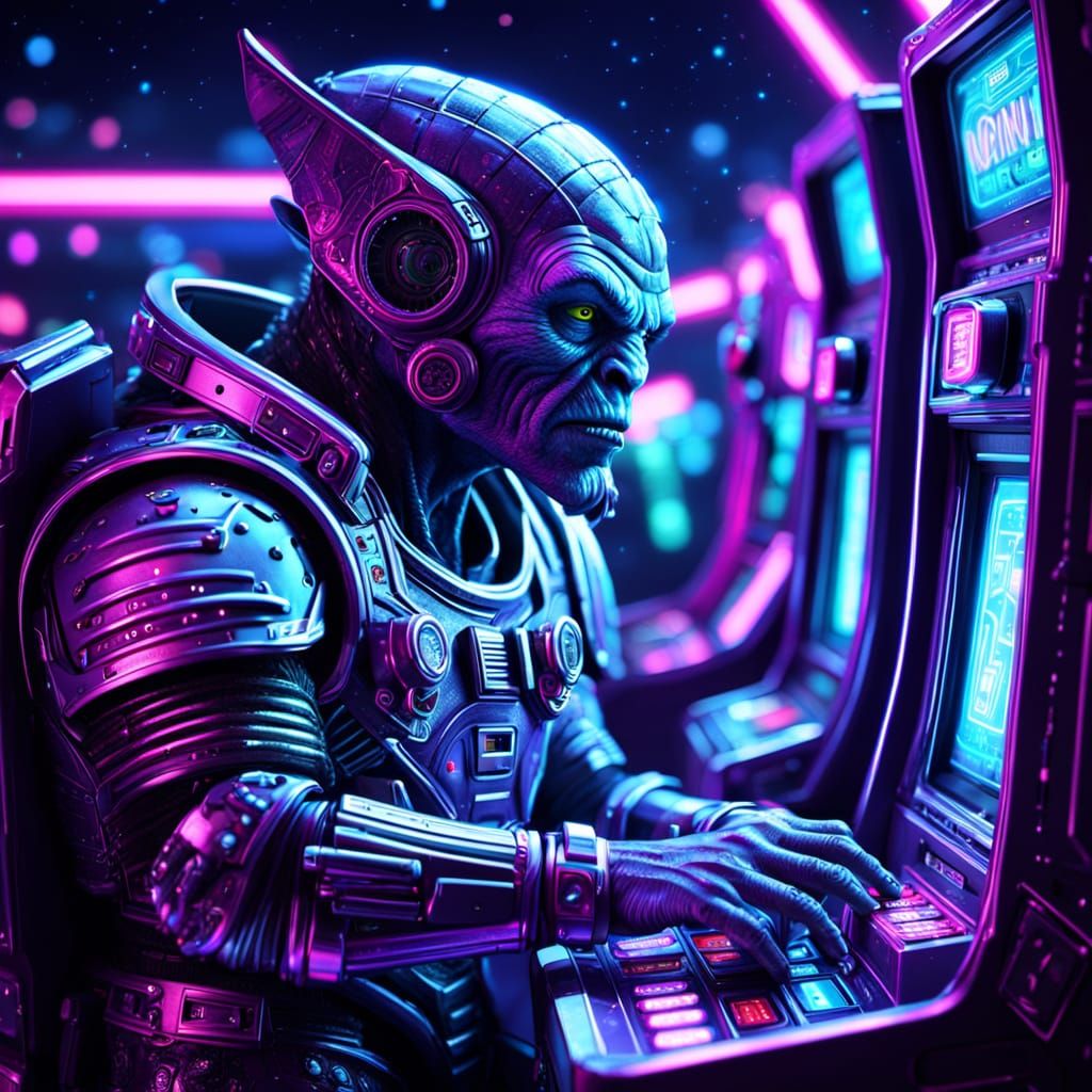Alien Orc Gambling in Neon Sci-Fi Space