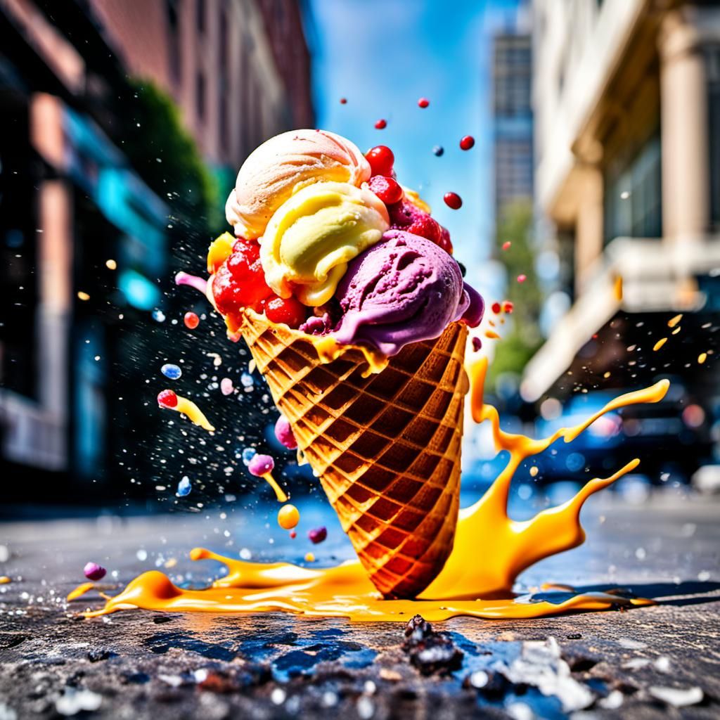 Tutti-Frutti Ice Cream Cone Falling, Action Painting