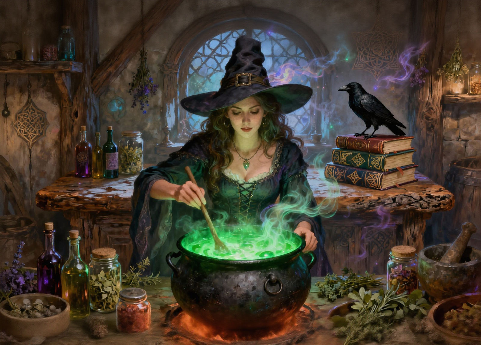 Witch Stirring Cauldron in Rustic Medieval Kitchen