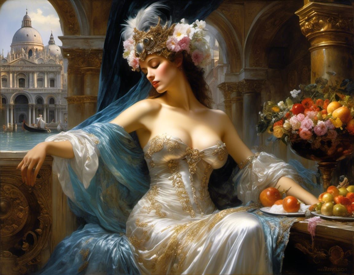 Masked Woman in Venice: Hyperreal Oil Painting