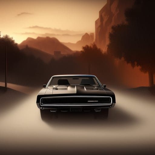 Black 1970 Charger R/T at Sunset, Detailed Landscape