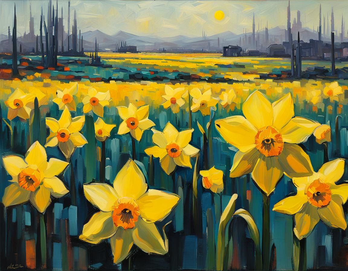 Expressionist Daffodils Field in Cyberpunk Neon Style