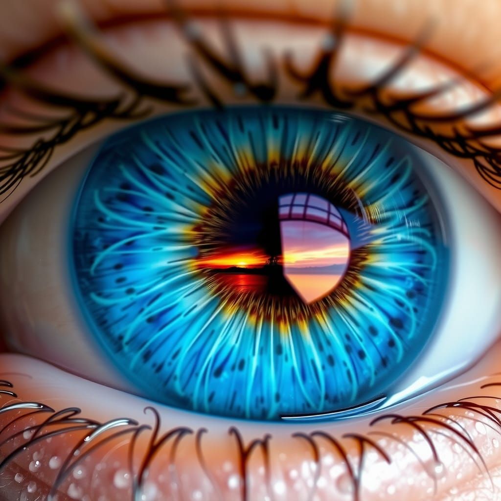 Striking Blue Eye Reflecting a Colorful Sunrise