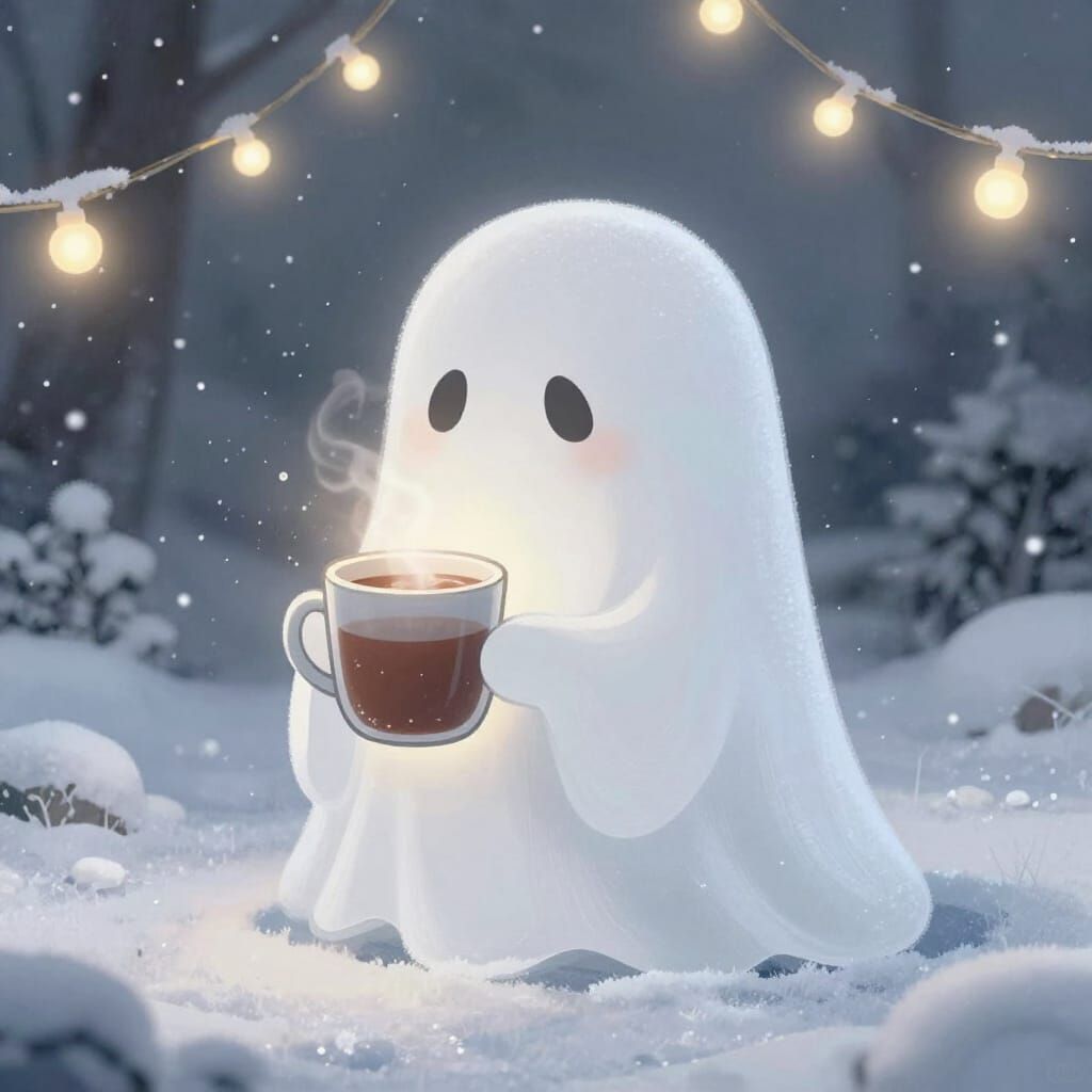 Cute Winter Ghost Enjoys Hot Chocolate in Snowy Scene