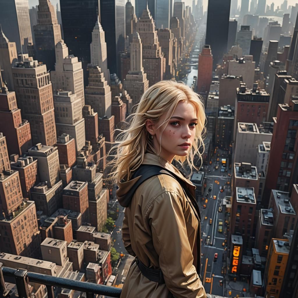 Blonde Woman in New York City: Detailed Matte Painting