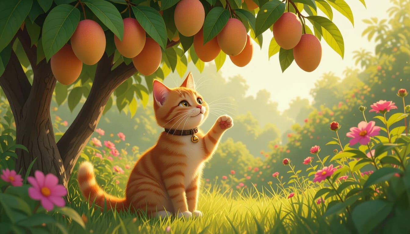 Ginger Cat Harvests Mangos in Lush Garden
