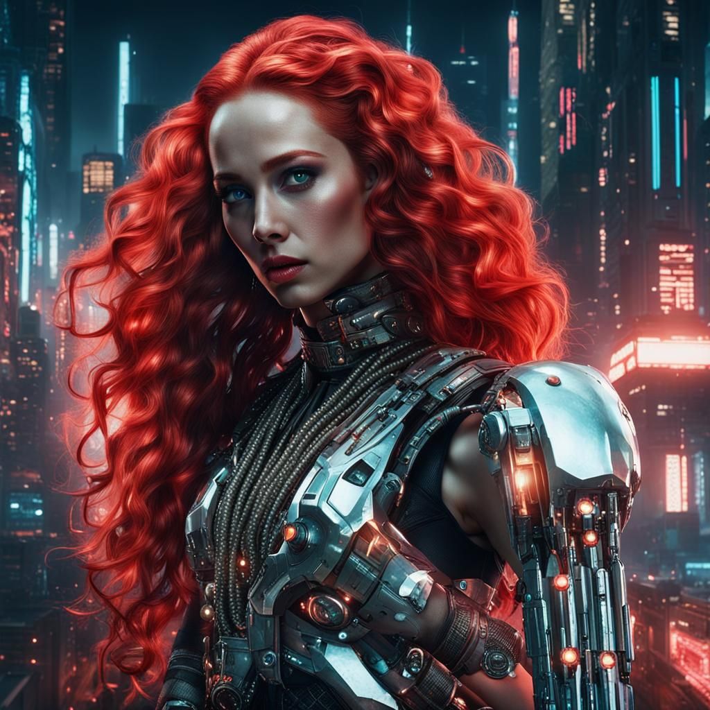 Cyberpunk Woman with Pearl Outfit and Red Hair