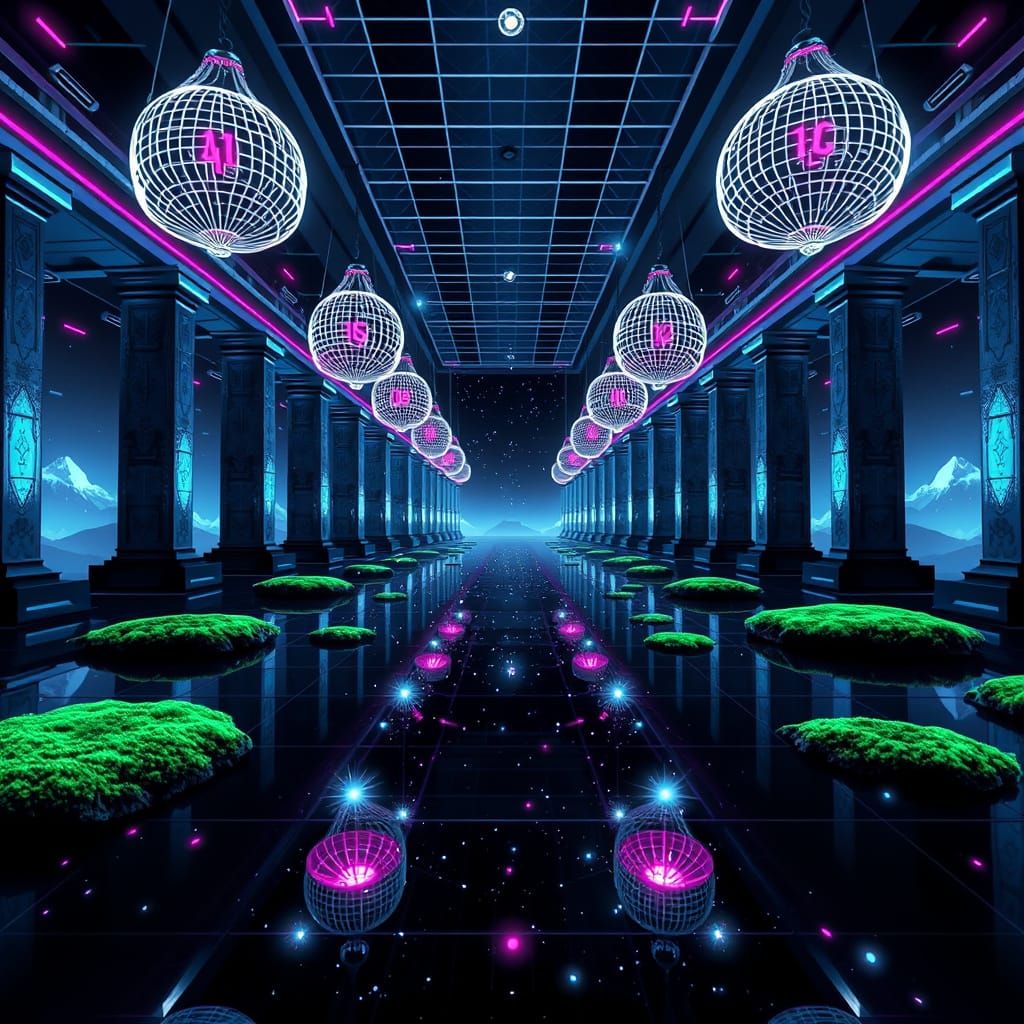 Synthwave Zen Temple with Neon Grid Objects