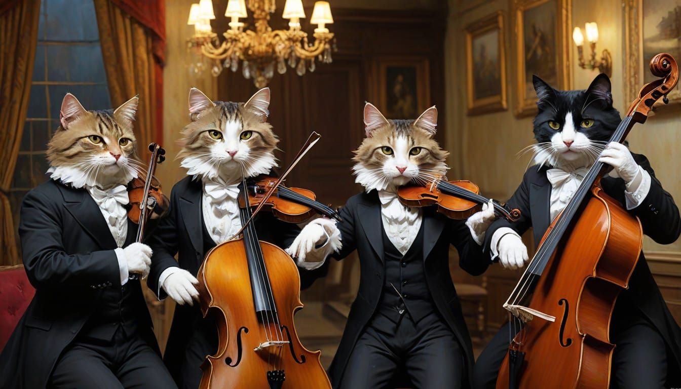 Felines Perform in Elegant Concert Hall Scene
