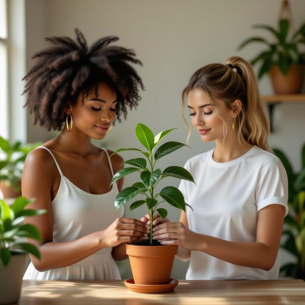 Two Women Planting Schefflera in Moody, Dramatic Lighting
