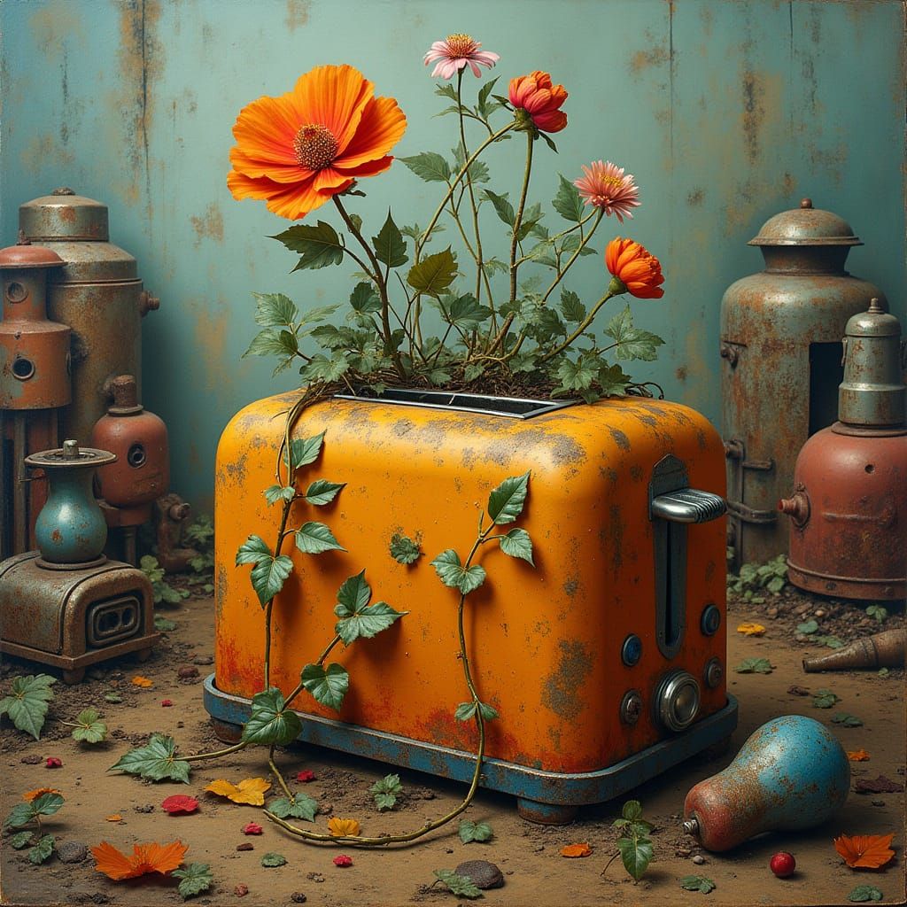 A vintage toaster overgrown with flowers