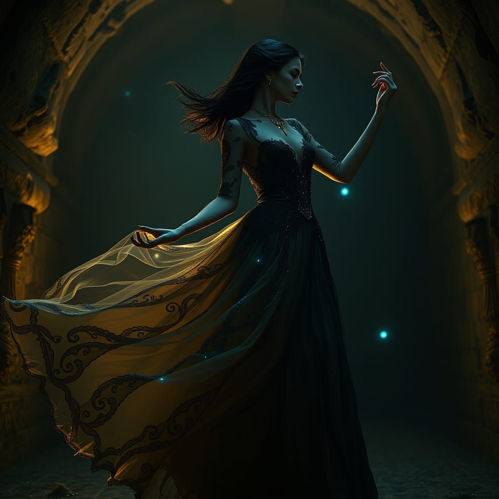 Gothic Ballerina Dances in a Dark, Underground Cathedral