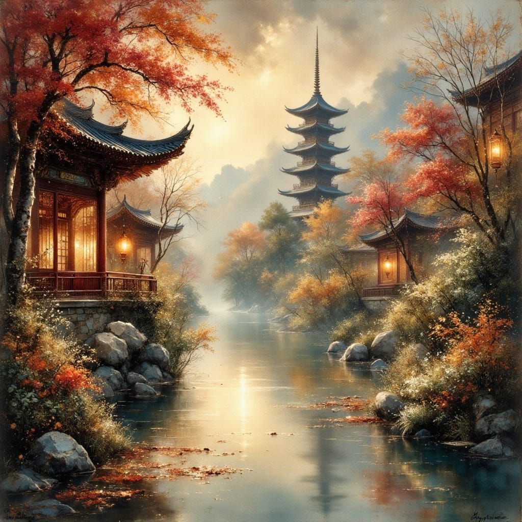 Mystical Asian Mahjong Game with Lantern Lighting