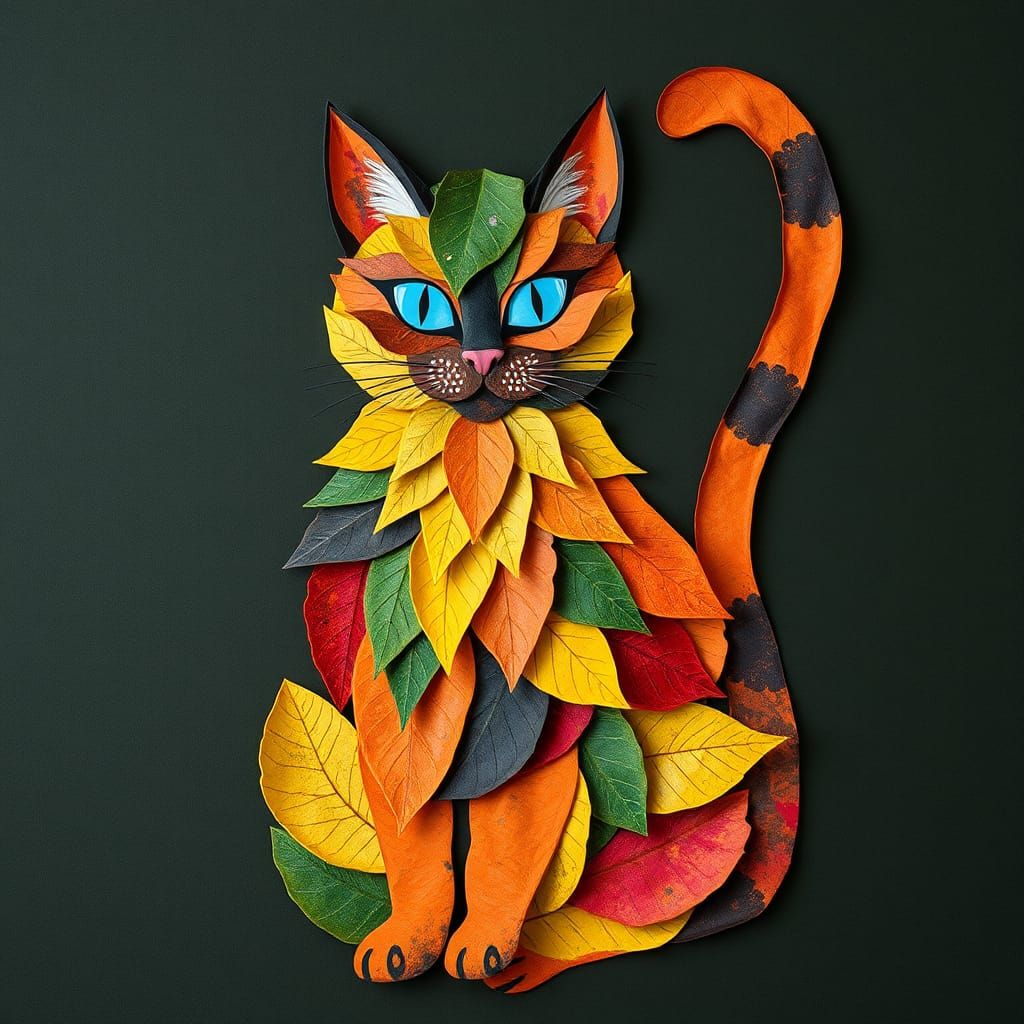 Autumn Leaf Cat Collage in Mixed Media Style