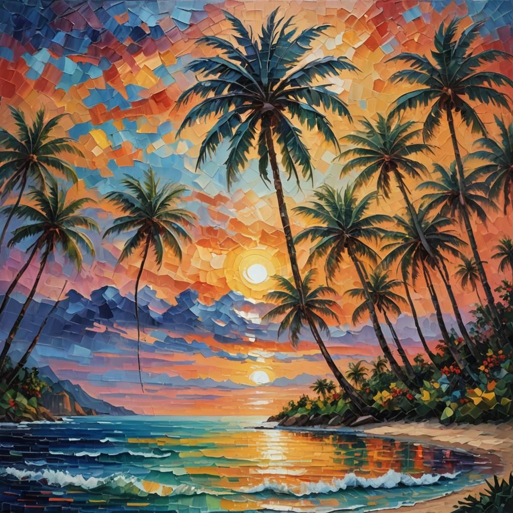 Tropical Sunset: Expressionist Impasto Oil Painting