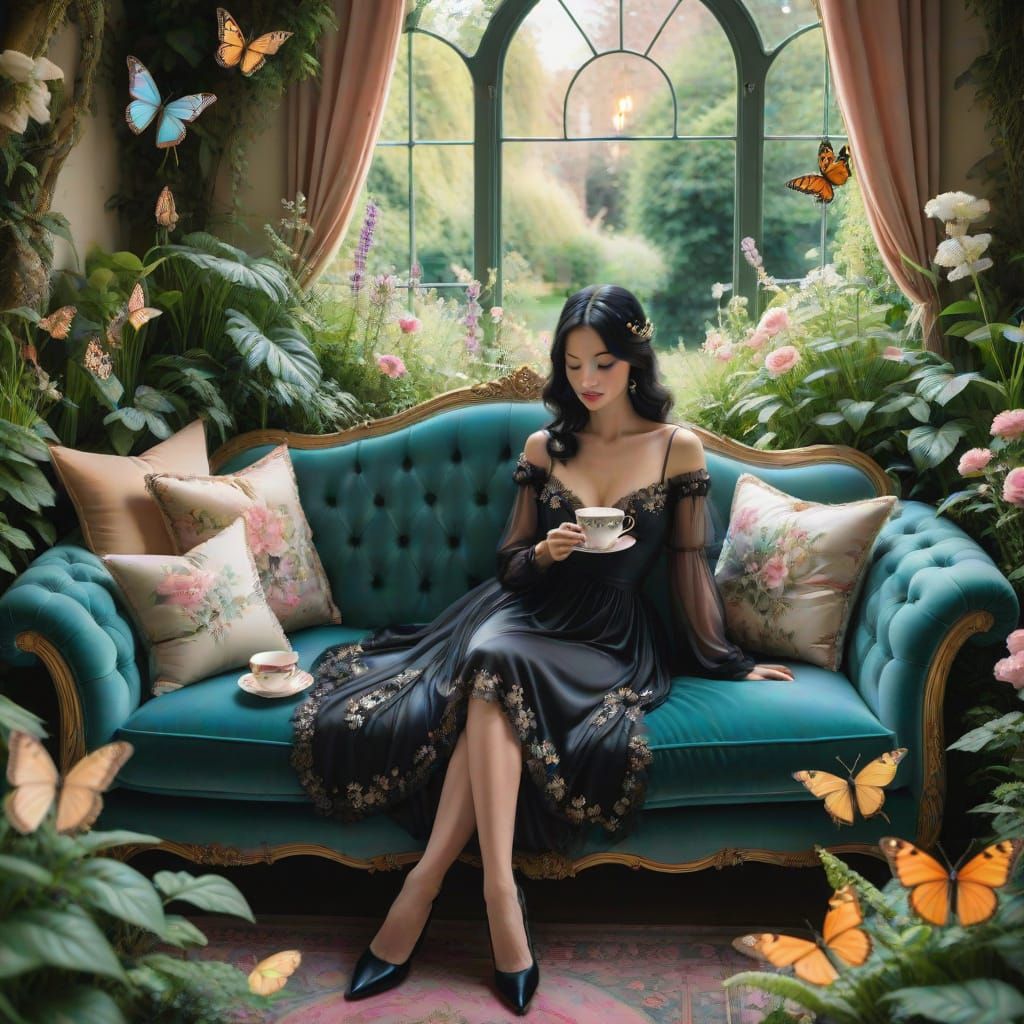 Dreamy Cotswolds Garden Scene in Whimsical Watercolor Style