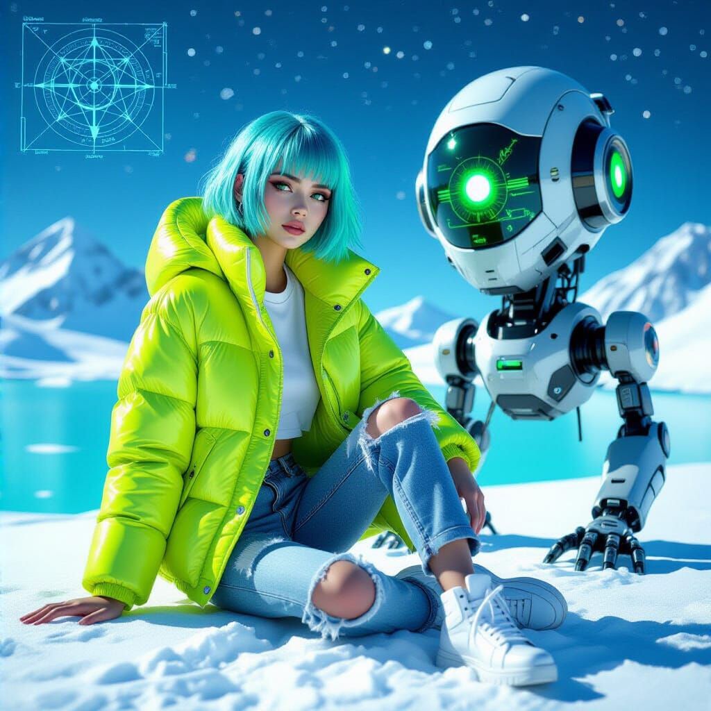 Dramatic lit, super sharp. Cyberpunk girl, short aqua hair, wearing shiny bright lime-coloured glossy nylon cropped puff...