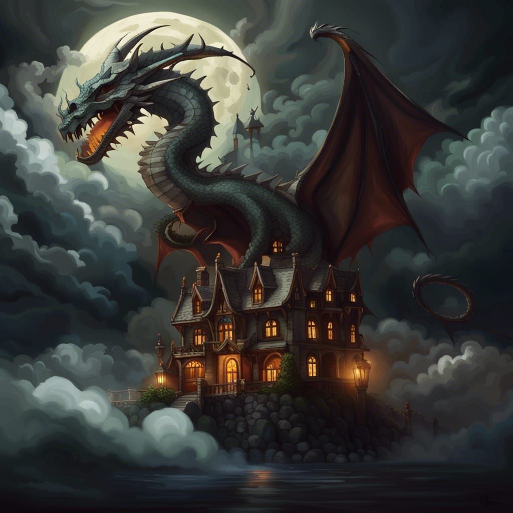 Dragon in Haunted Manor Under Stormy Skull Cloud