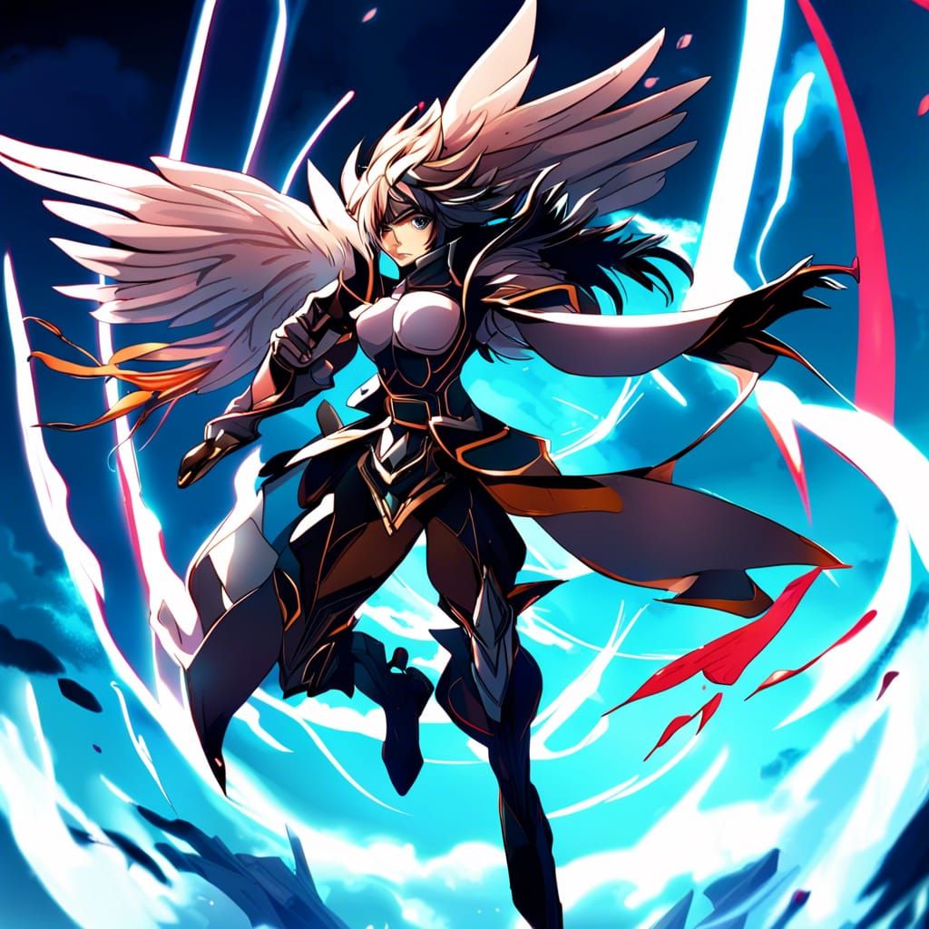 Humanoid Bird Warrior Flying in Lightning, Anime Style