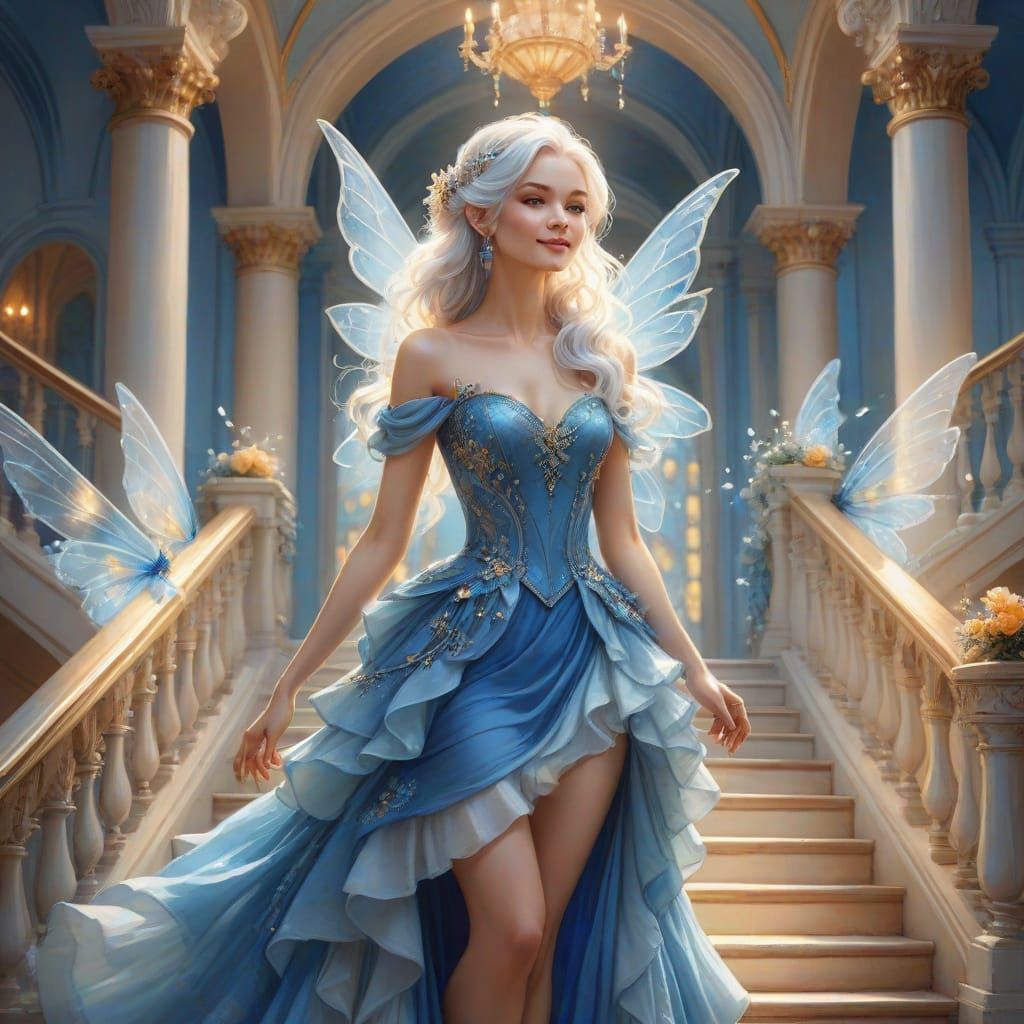 Dreamy Fairy Descends Staircase in Pastel Fantasy Art