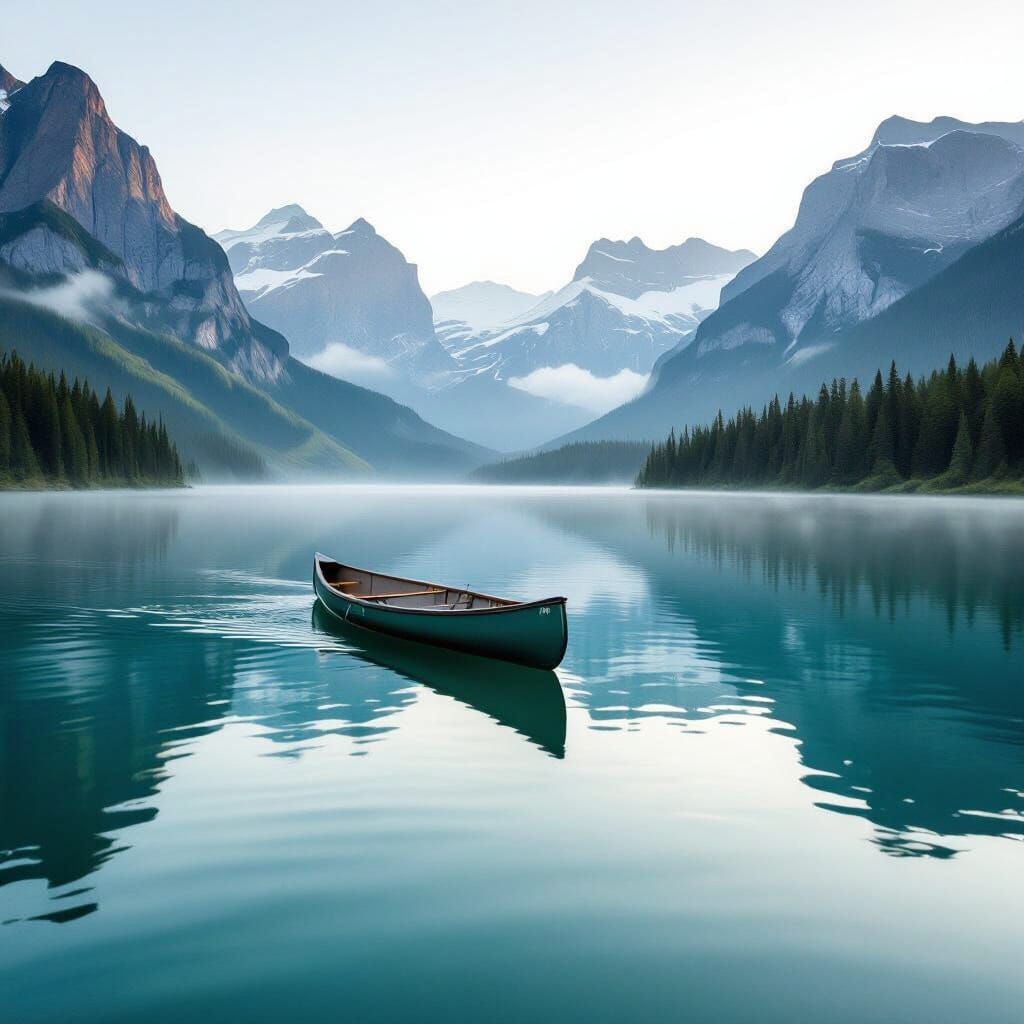 Emerald Lake at Dawn with Canoe, Hyperrealistic Style