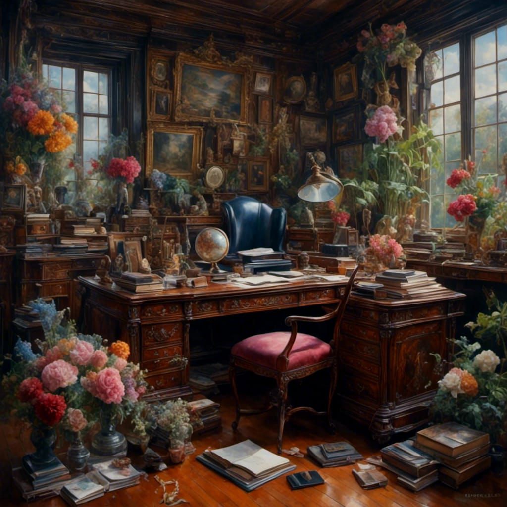 Hyperrealistic Office Study with Floral Details