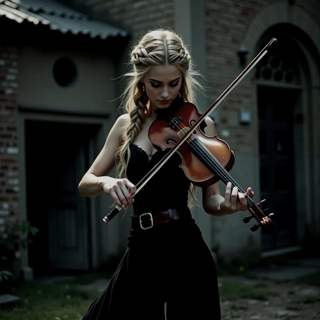 Woman Plays Violin Outside Brick Building