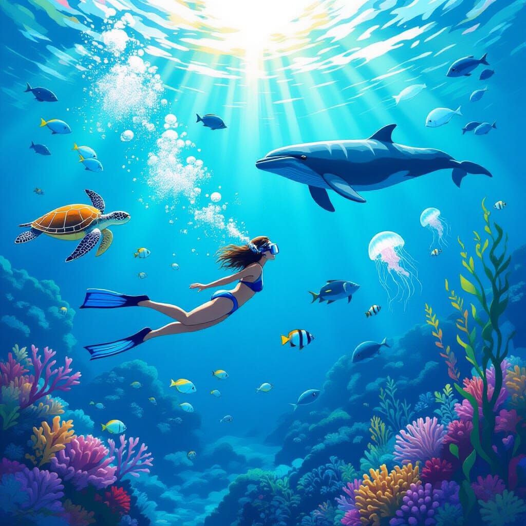 Underwater Scene with Snorkeler in Digital Art Style