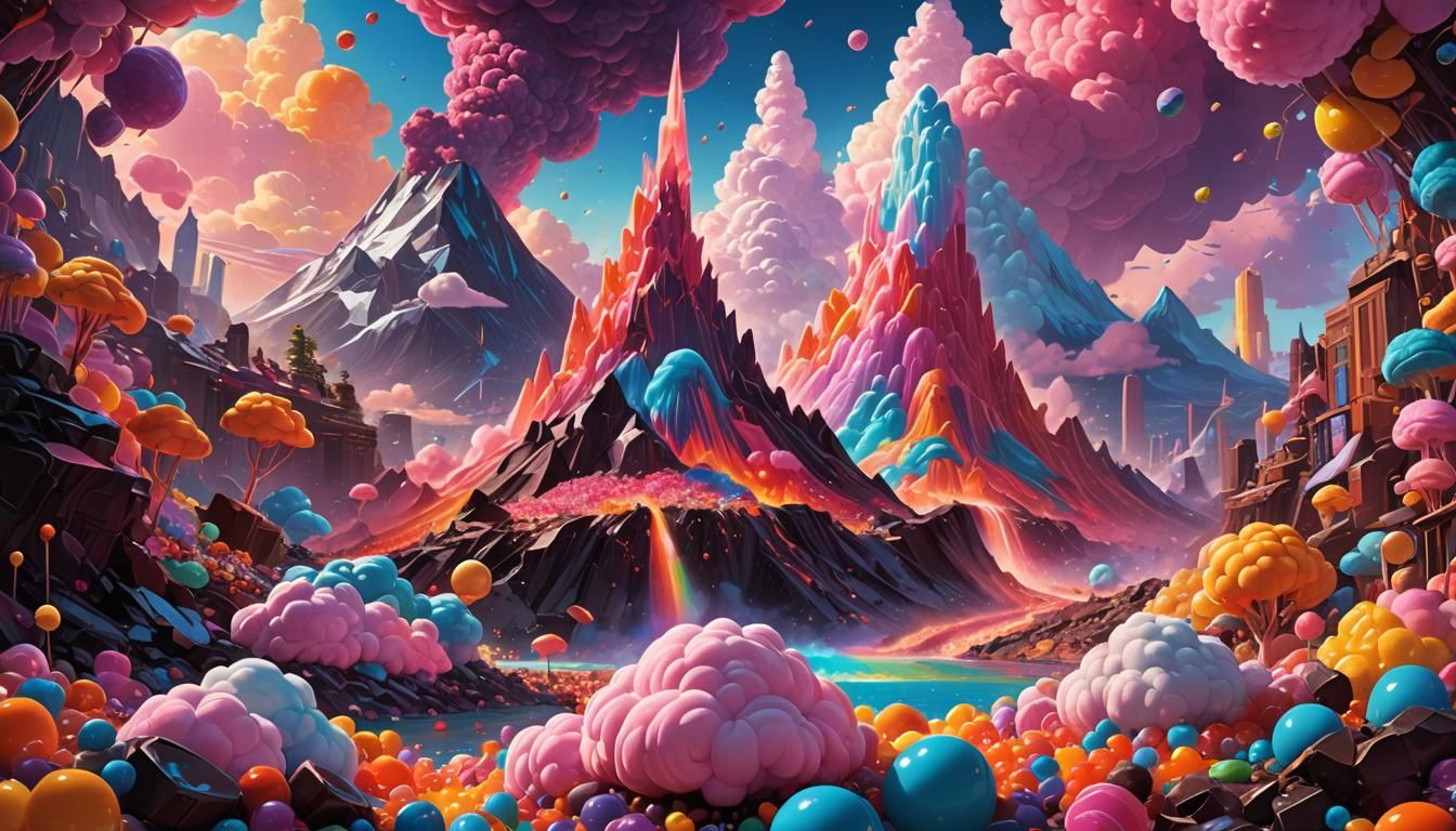 Candy Volcano Eruption in Cel-Shaded Retro-Futurism